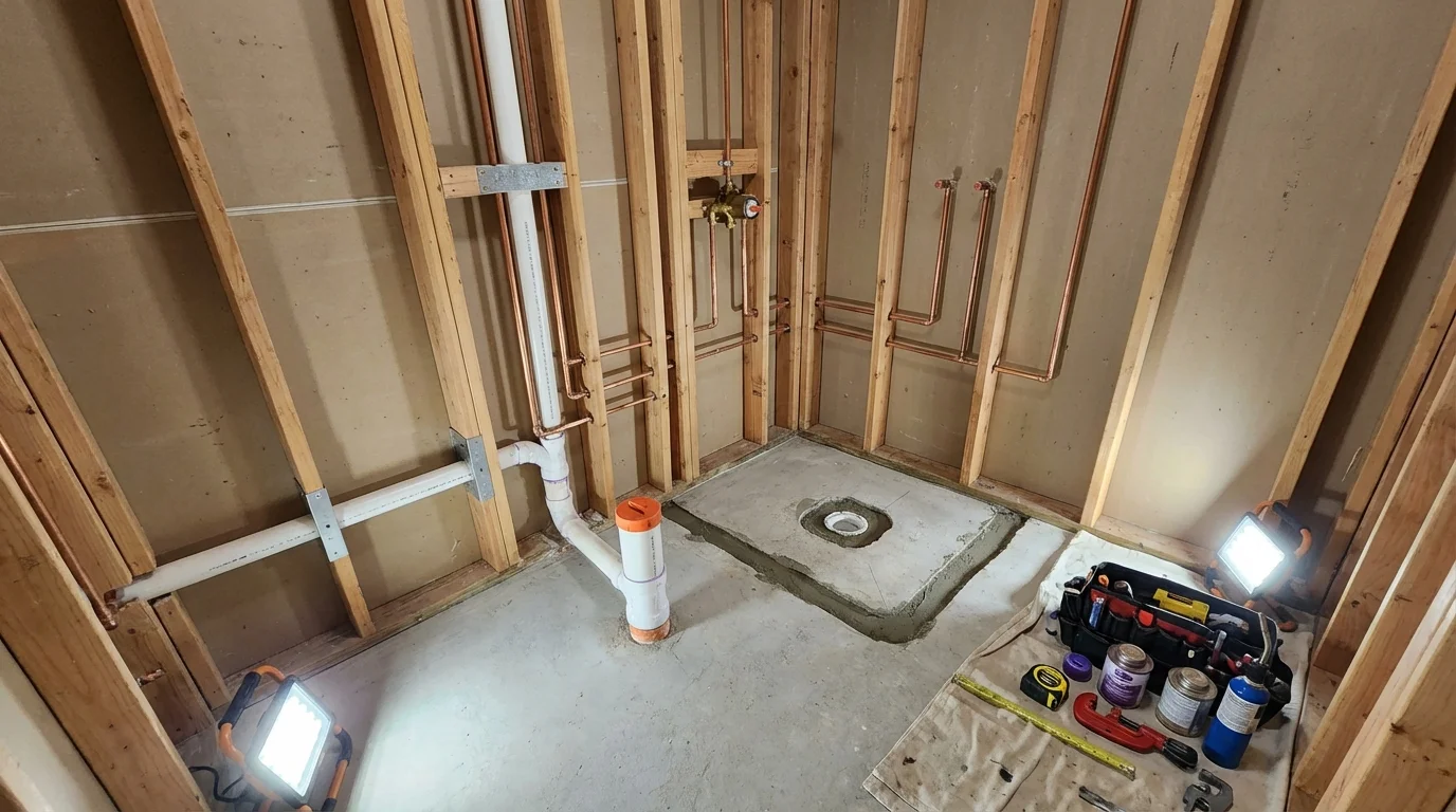 Bathroom rough-in plumbing during remodel by Johns Plumbing LLC in Little Valley