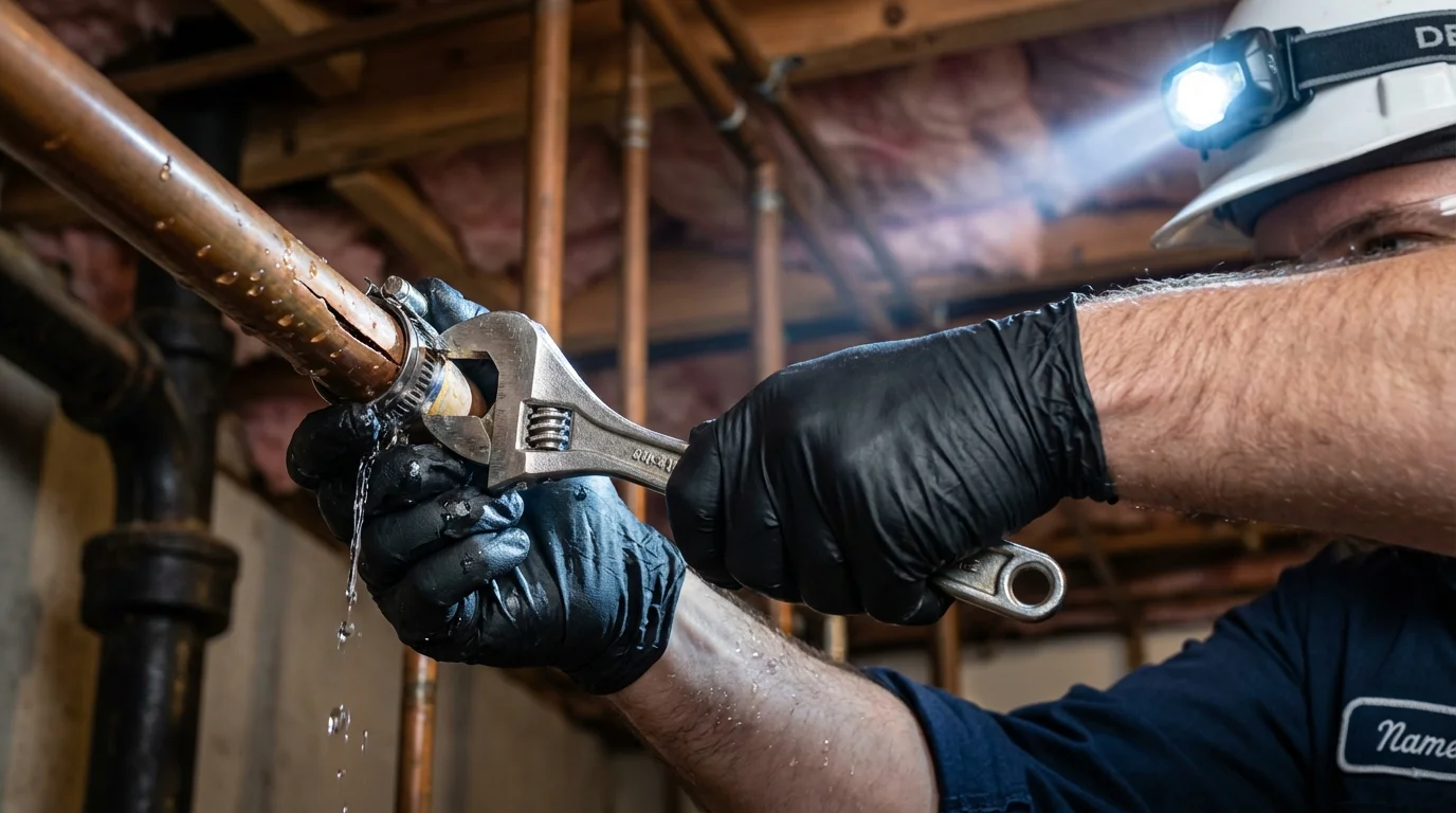 Emergency pipe clamp repair being performed by a Johns Plumbing LLC plumber in Little Valley