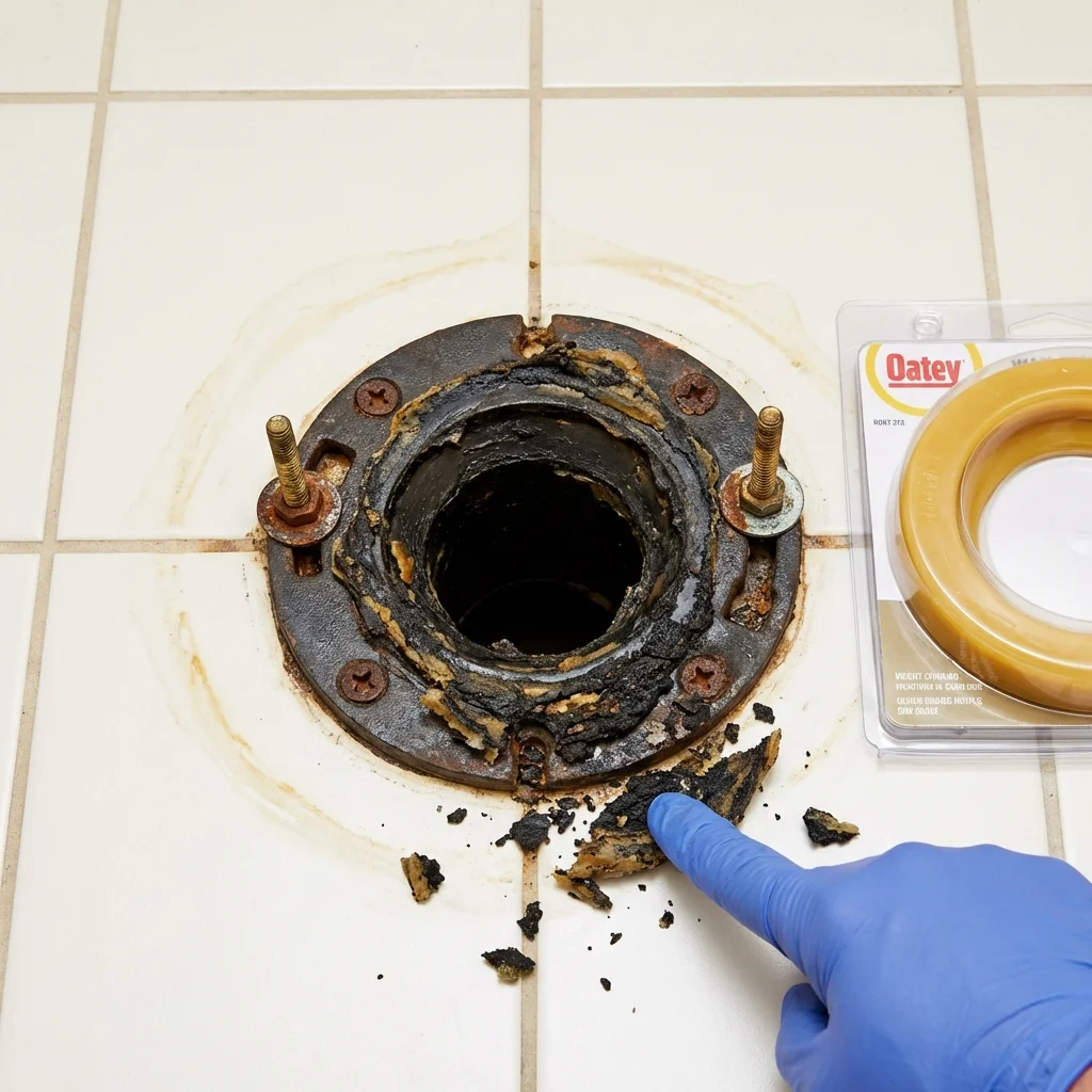 Failed wax ring showing water seepage at the base of a toilet in a Little Valley, NY home