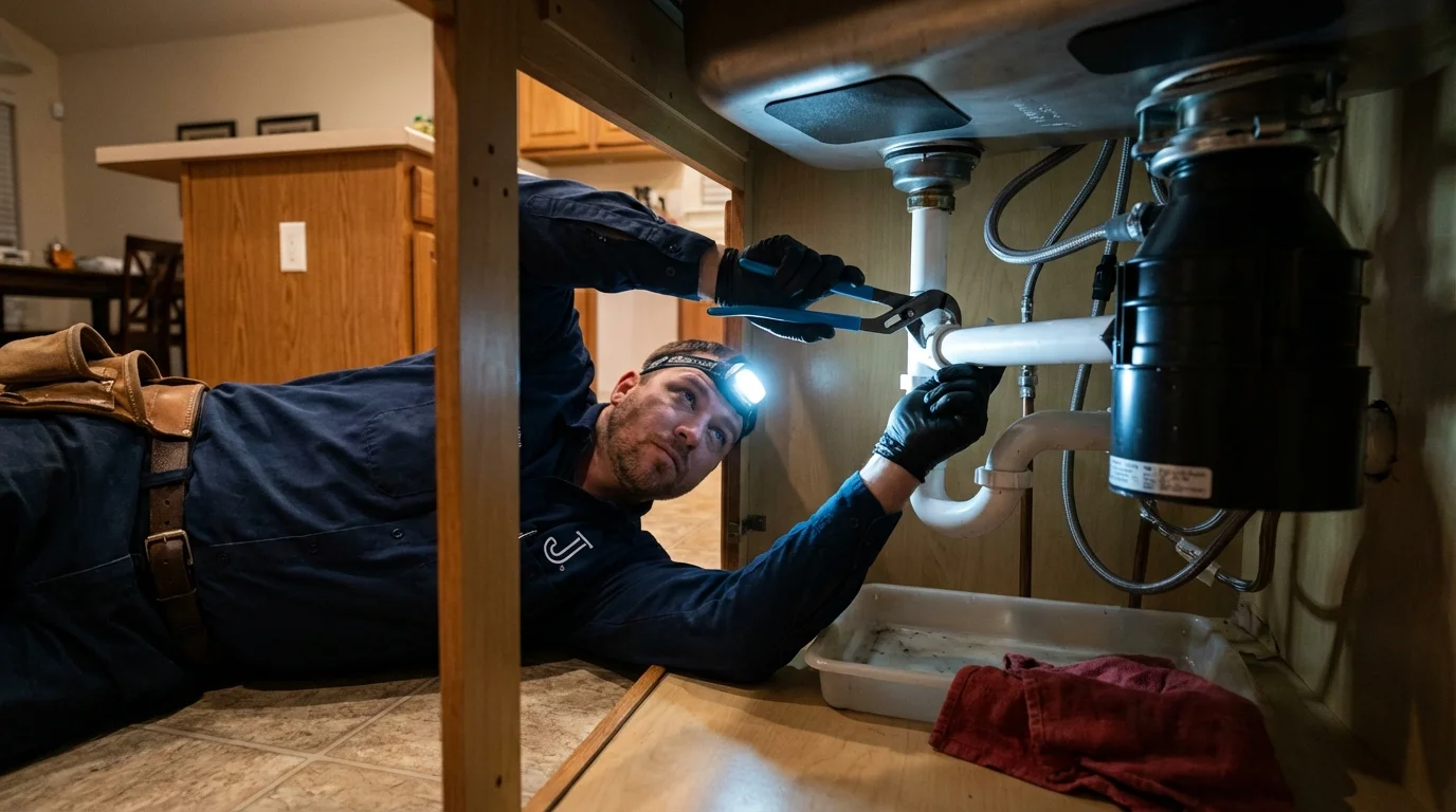 P-trap and supply line connections under a kitchen sink showing a common leak point in Little Valley, NY